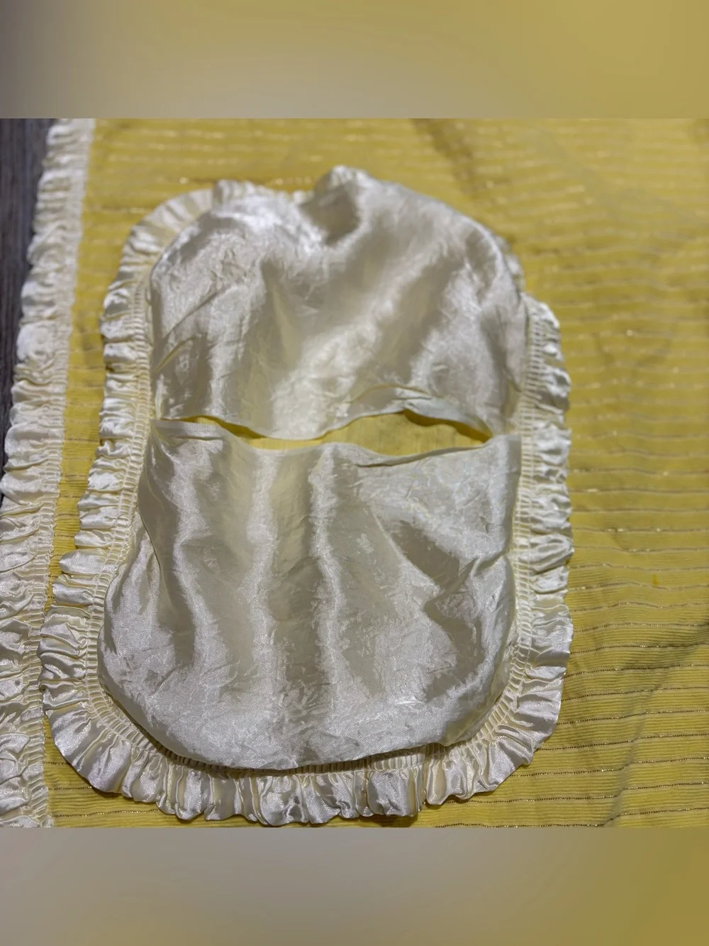 Vtg Handmade Baby Blanket W/ Pillowcase Yellow Satin Trim & Backing Gold Stripe
